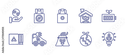 Ecology line icon set. Editable stroke. Vector illustration. Containing recycled bag, eco bag, eco friendly, eco car, eco light, eco factory, save the planet, green house, reusable, environment.