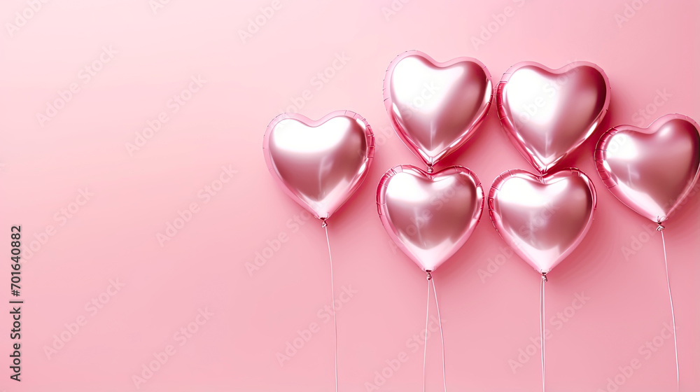 Heart shaped air balloons isolated on pink pastel background in a love valentine concept.