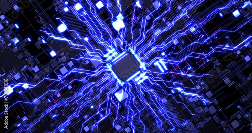 Circuit Board CPU Processor. Electrical Data And Signals Flowing. Computer And Technology Related 3D Illustration Render