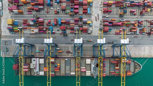 Aerial view time lapse container cargo ship freight shipping by container cargo ship, Global business import export logistic container, Timelapse 4K photo