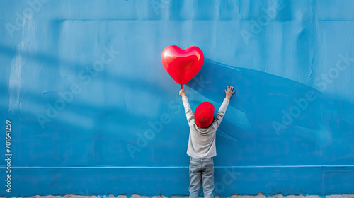 Wallpaper Mural Rear view of a kid raising arms with red heart shaped balloon on blue background Torontodigital.ca