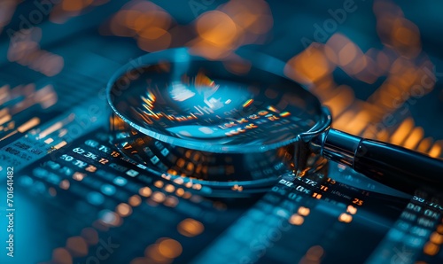 a magnifying glass over a financial data board. financial data strategy with graph, marketing report chart economy investment research. generative AI photo