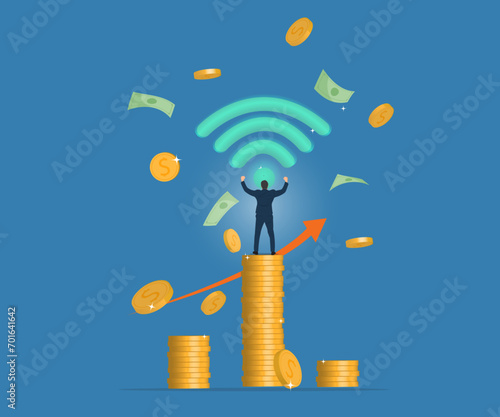 Businessman standing on a gold coin, determined to succeed. Vector illustration, business concept, finance, investing or using law of attraction.