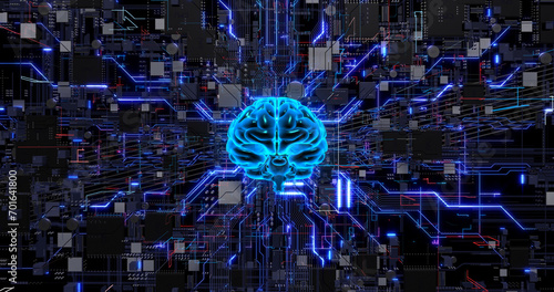 Tech Revolution. Artificial Intelligence and Computer Chips in Action. Digital Human Brain Symbolizing AI.