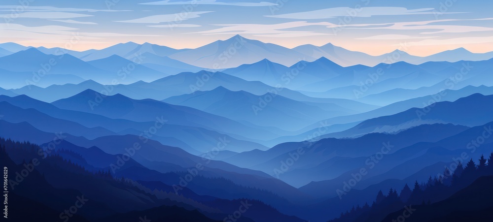 Obraz premium Beautiful landscapes of forests, mountains and adventurous nature. Travel background Panorama - illustrations of silhouettes of landscapes, valleys of pine trees, forests and mountain peaks.