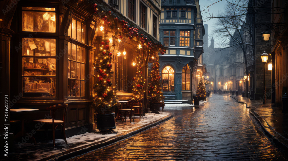 Empty street in old Alsacian style with some snow and many Christmas decorations along the shops with an evening lighting and a blurry background