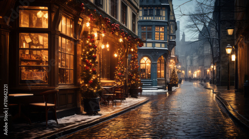 Empty street in old Alsacian style with some snow and many Christmas decorations along the shops with an evening lighting and a blurry background