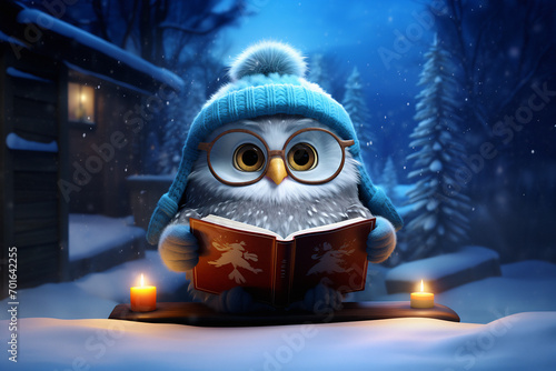 Cute cartoon character snow owl reading a book. Generative AI image.