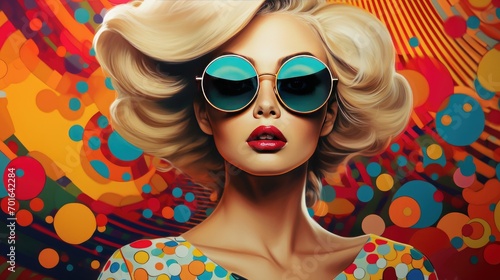 Stylish woman with sunglasses against vibrant pop art backdrop. Fashion and retro style.