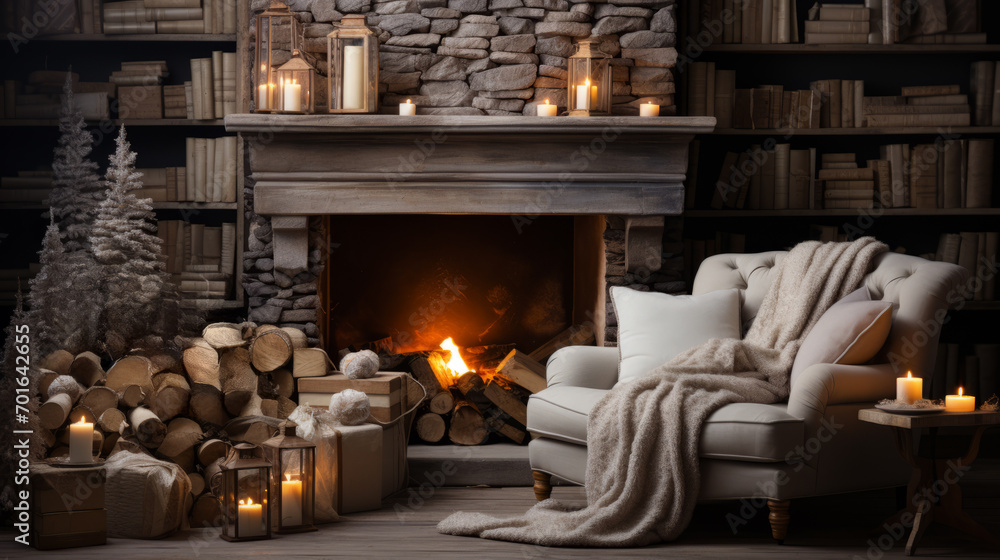 Warm Living Room in sophisticated rustic style with some candles and Comfortable armchair with few cushions in front of a Stone Fireplace with small white Christmas tree