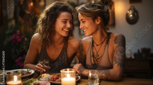 Happy and smiling Couple of women who have dinner at home with few candles and low lightning for a romantic mood with a blurry background