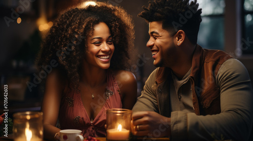 Happy and Smiling Couple of Black people who have dinner with few candles for a romantic mood with a blurry background