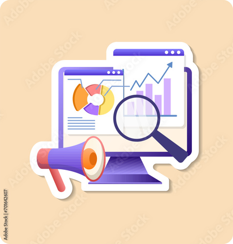 Market analytics sticker illustration. Flat vector design statistical and Data analysis for business finance investment concept with monitor graph dashboard