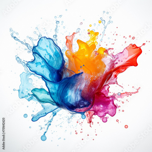 large Splash of shiny translucent light blue orange and pink filamentous liquid with lots of drops