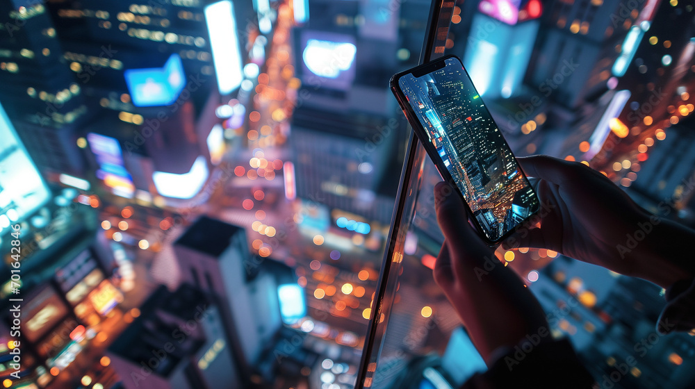 A person’s hand holding a cellular phone, capturing the illuminated cityscape below from a high vantage point at night. Skyscrapers and buildings dominate the view, showcasing an urban environment. - obrazy, fototapety, plakaty 