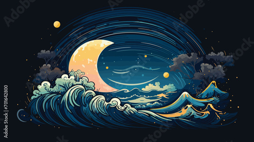 moon and the tides in a vector scene featuring ocean waves influenced by lunar gravitational forces. 