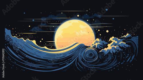 moon and the tides in a vector scene featuring ocean waves influenced by lunar gravitational forces. 