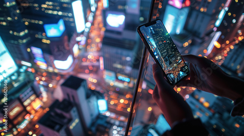 A person’s hand holding a cellular phone, capturing the illuminated cityscape below from a high vantage point at night. Skyscrapers and buildings dominate the view, showcasing an urban environment.