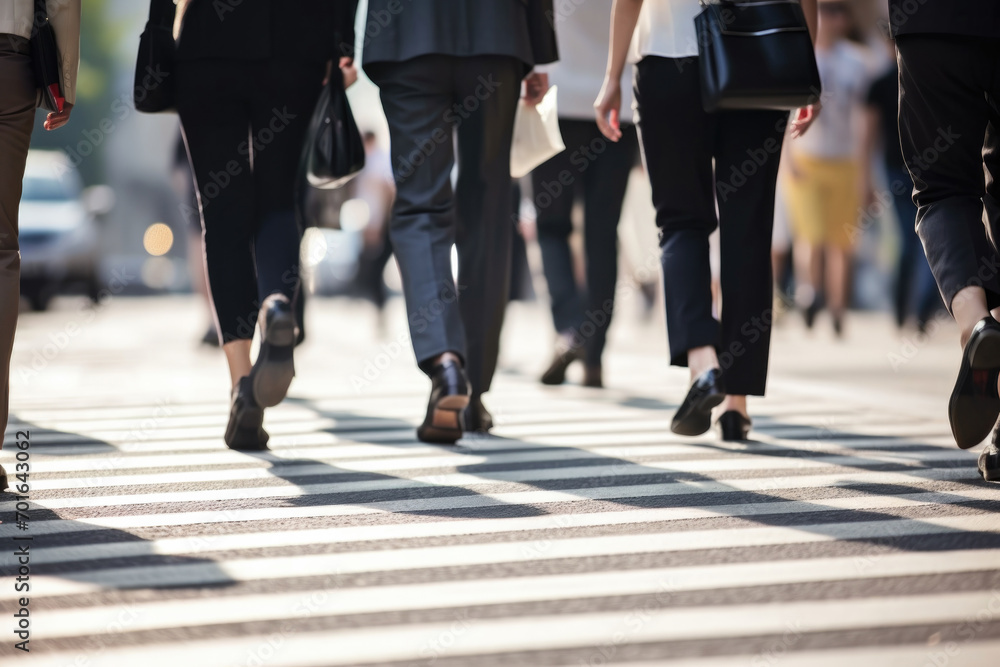 Cropped legs busy city, business people on zebra crossing street, day time Cropped legs busy city, business people on zebra crossing street, day time