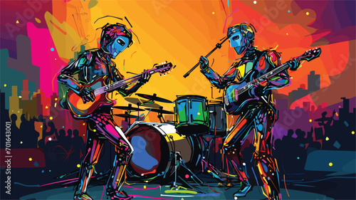 robotics in entertainment with a vector art piece illustrating robotic performers on stage. robots engaging in artistic expressions, music, or dance
