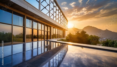 Transparent Solar windows embracing clean energy in a modern building at sunset, Shining through the future