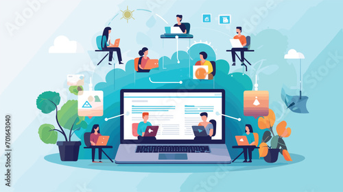 modern work culture with a focus on virtual collaboration. Depict professionals engaging in video conferences, sharing ideas through digital platform