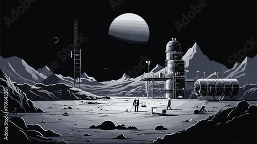 lunar base in a vector art piece. astronauts constructing habitats, conducting experiments, and confronting the unique challenges of life on the Moon. photo