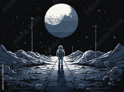 lunar base in a vector art piece. astronauts constructing habitats, conducting experiments, and confronting the unique challenges of life on the Moon.