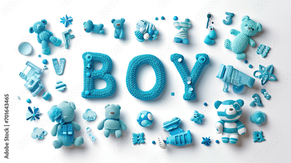 announcement of  baby boy born with knitted letters and blue toys