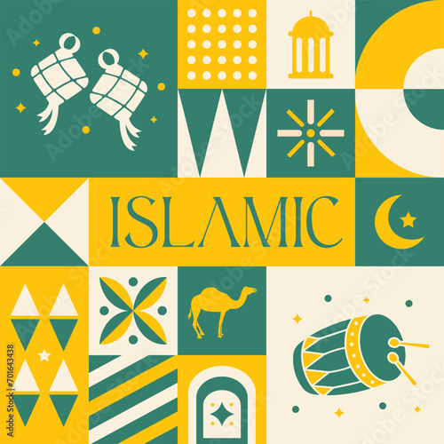 Eid Mubarak Islamic seamless pattern in scandinavian style postcard with Retro clean concept design