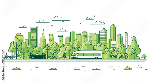 green spaces in transportation with a vector scene featuring bike lanes, pedestrian-friendly streets, and electric buses.  photo