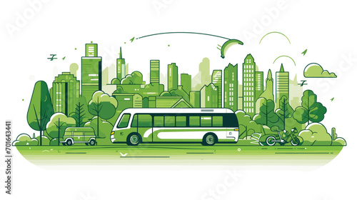 green spaces in transportation with a vector scene featuring bike lanes, pedestrian-friendly streets, and electric buses.  photo