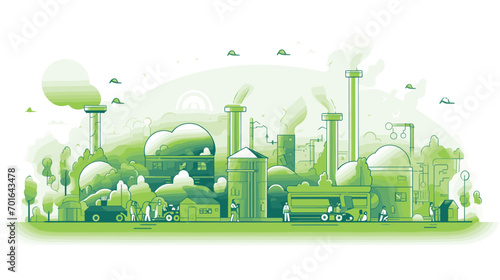 environmental consciousness within a factory in a vector art piece showcasing men implementing eco-friendly practices and sustainable manufacturing processes.