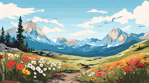 flora and fauna in a vector scene featuring mountainous landscapes, alpine flowers, and hardy wildlife