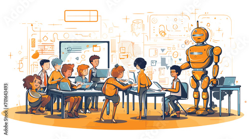 future of education with a vector art piece illustrating AI-powered classrooms. robots assisting teachers, personalized learning through AI algorithms