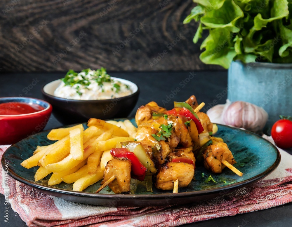 Chicken skewers with sauce and golden French fries potatoes Chicken skewers with sauce and golden French fries potatoes