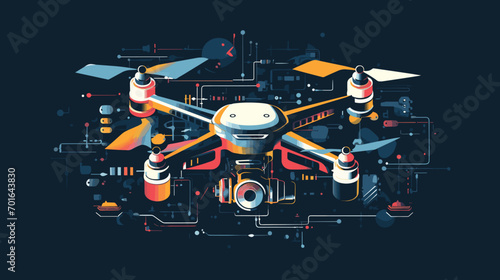 technological sophistication of drones in a vector art piece showcasing advanced features such as obstacle avoidance, GPS navigation, and stabilization systems. 
