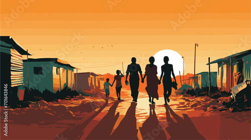 daily struggles of poverty in a vector art piece showcasing individuals facing issues such as inadequate housing and limited access to basic necessities. 