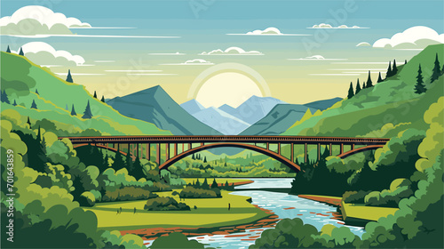 beauty of a bridge against the backdrop of nature in a vector art piece showcasing a bridge spanning a river or gorge. 