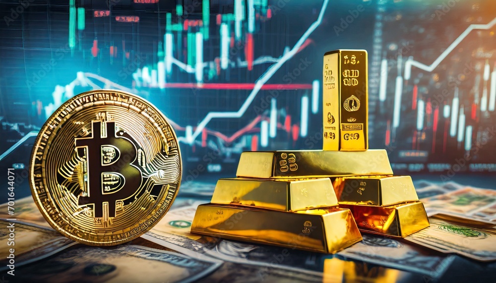 dollar vs gold bar vs bitcoin ,technical analysis, graph of stock market investment trading and financial growth chart background