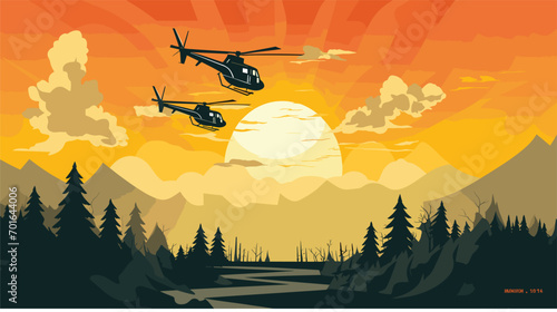 helicopter aerobatics in a vector art piece showcasing helicopters performing daring maneuvers in the sky. 