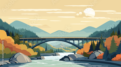 beauty of a bridge against the backdrop of nature in a vector art piece showcasing a bridge spanning a river or gorge. 
