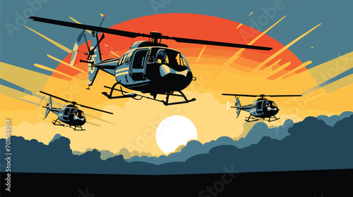 helicopter aerobatics in a vector art piece showcasing helicopters performing daring maneuvers in the sky. 