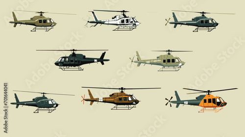 iconic helicopters in a vector scene featuring classic helicopter models from different eras. I
