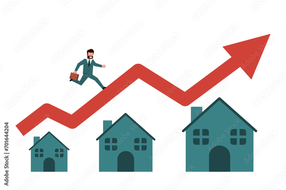 Businessman running on a rising red graph on the roof of a house. House price increase, real estate, or real estate growth concept. Vector illustration flat design style Businessman running on a rising red graph on the roof of a house. House price increase, real estate, or real estate growth concept. Vector illustration flat design style