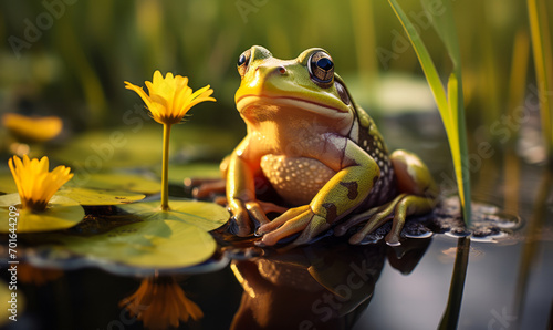 Majestic frog perched on a lily pad in a serene pond at golden hour, surrounded by lush greenery and dandelions © Bartek
