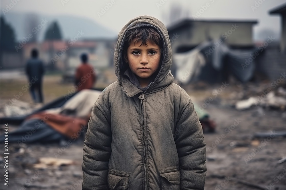 Homeless boy in the middle of a village, wearing a hoodie Homeless boy in the middle of a village, wearing a hoodie