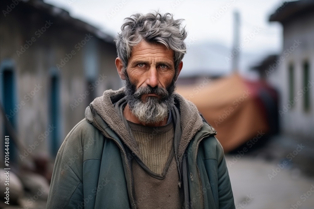 Portrait of an old man with grey hair and beard in the street Portrait of an old man with grey hair and beard in the street