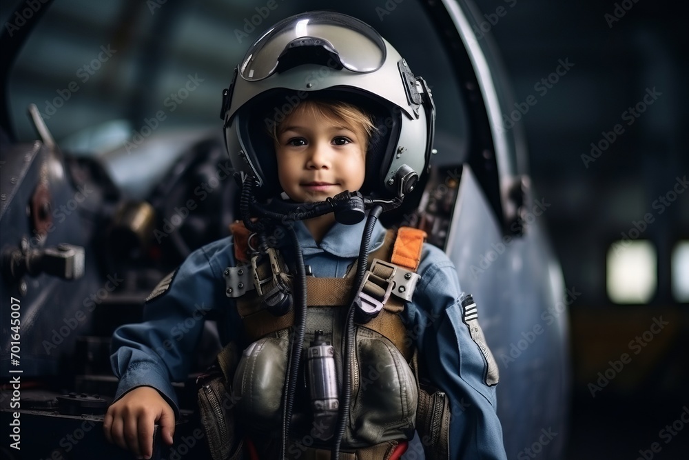 Portrait of a cute little boy dressed as a pilot in an airplane. Portrait of a cute little boy dressed as a pilot in an airplane.