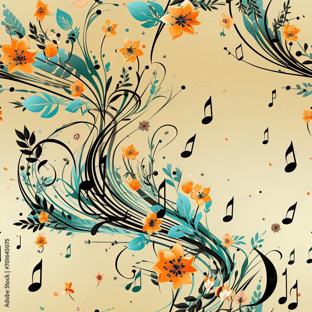 musical seamless vintage pattern with notes, keys and symbols of music on retro background